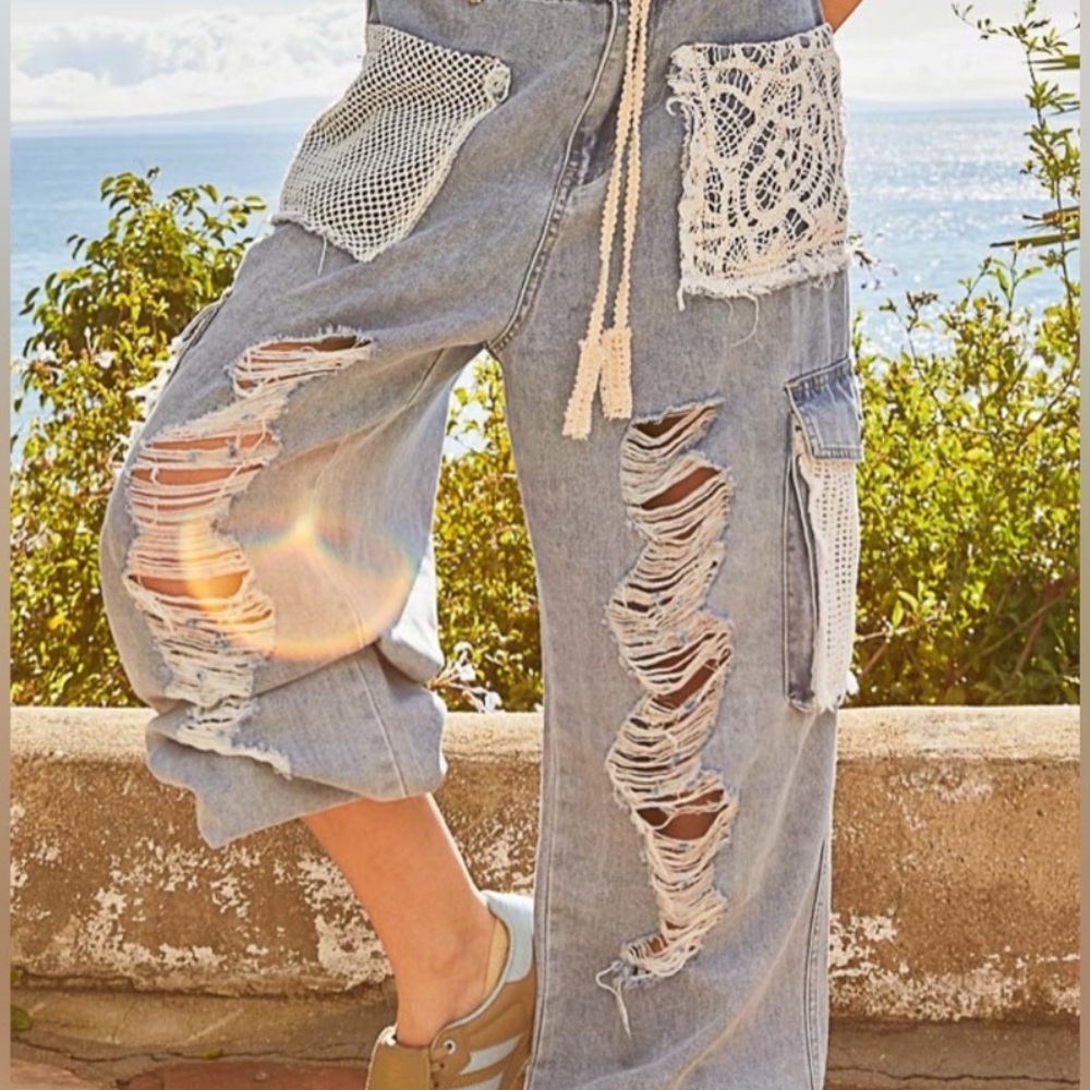1. NWOT POL Blue Distressed Denim Jeans with Lace and Crochet Accents - Picture 2 of 6